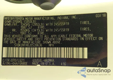 2018 Toyota Highlander Se из США, поврежденный, VIN 5TDKZRFH0JS539636